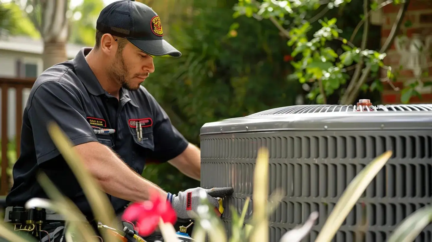Technician repairing HVAC system in a residential setting, emphasizing emergency service