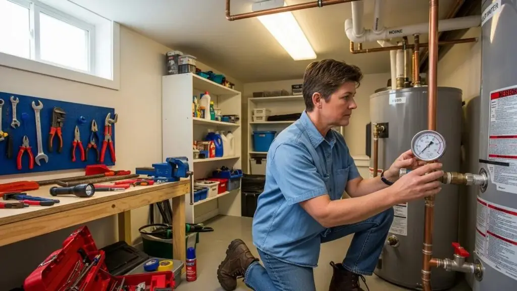 Homeowner performing routine plumbing maintenance checks in a well-lit home