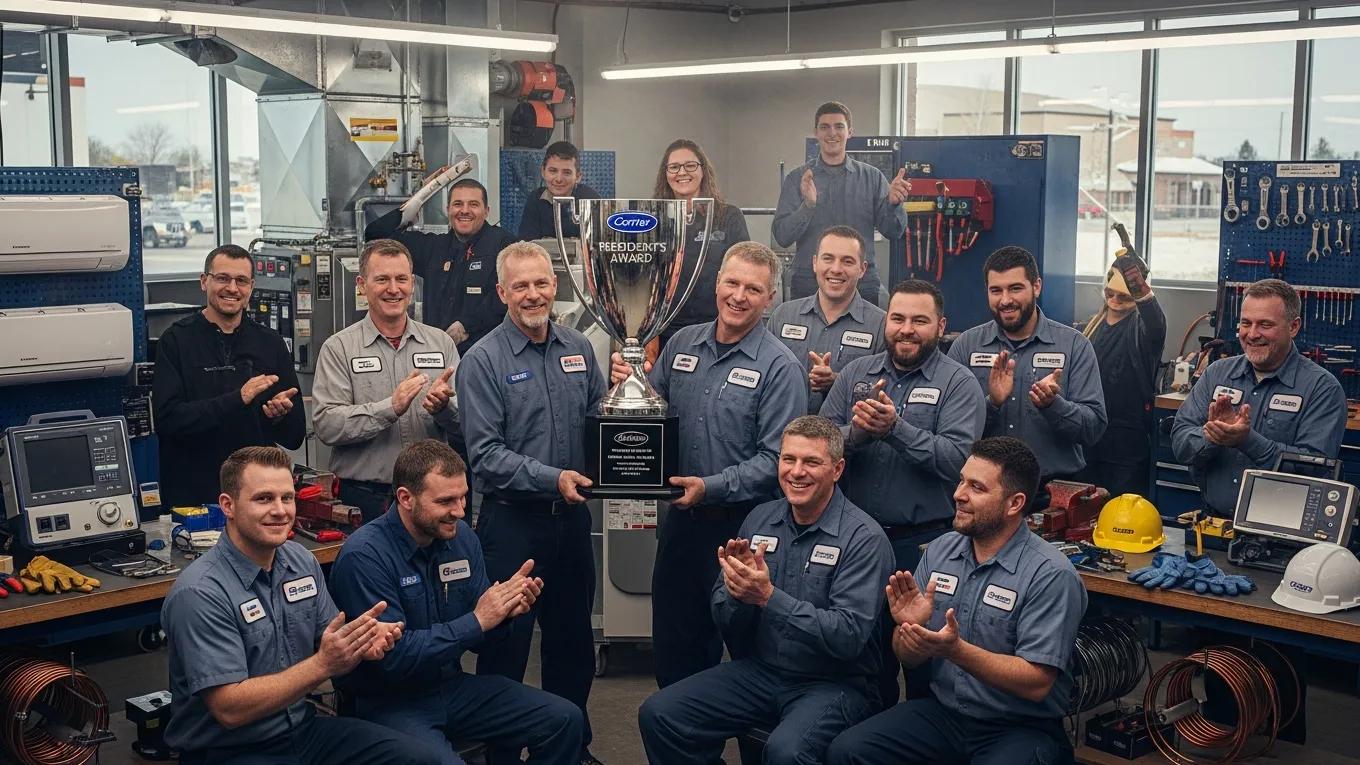 HVAC technicians celebrating the Carrier President’s Award in a professional workshop