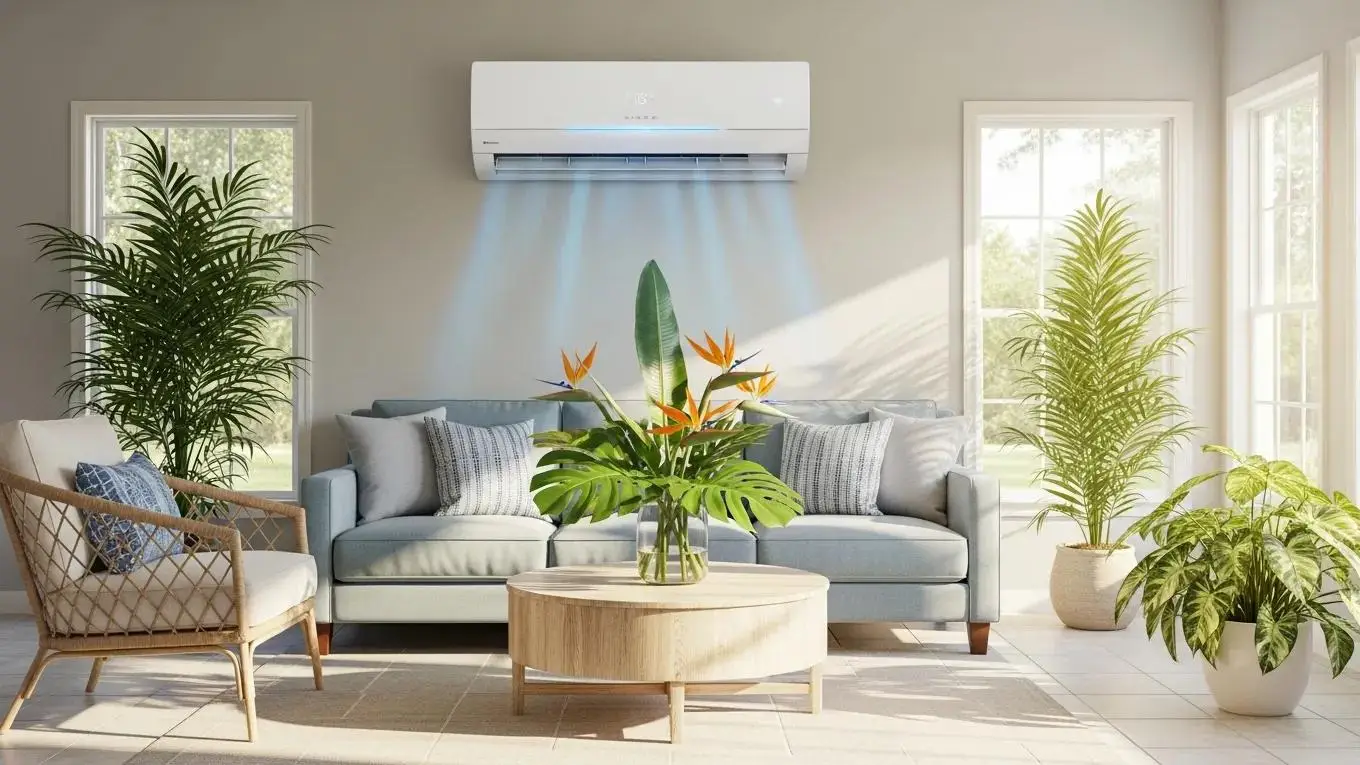 Modern air conditioning unit in a bright living room, highlighting comfort and energy efficiency