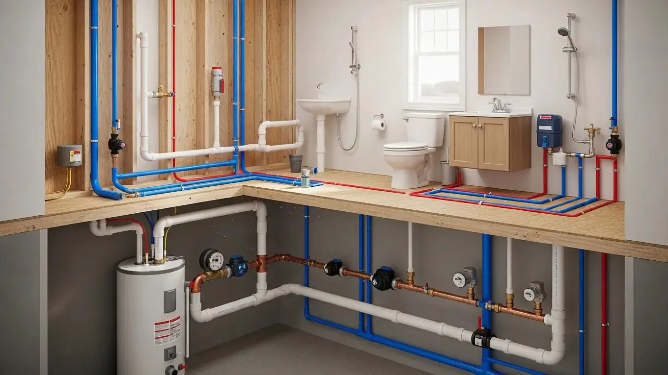 Modern home plumbing system with pipes, valves, and fixtures