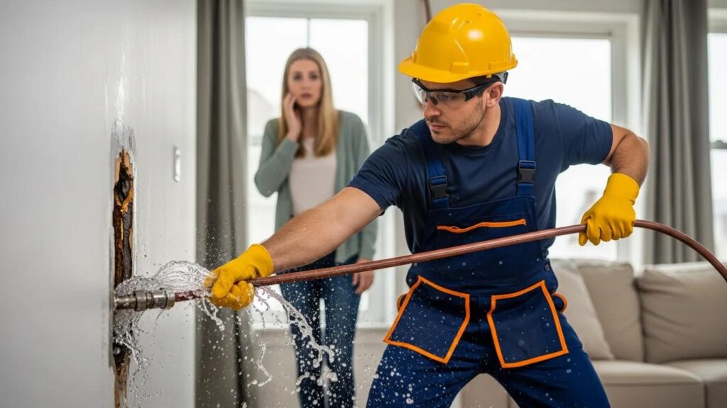 Plumber addressing a burst pipe emergency in a home, highlighting the urgency of emergency plumbing services