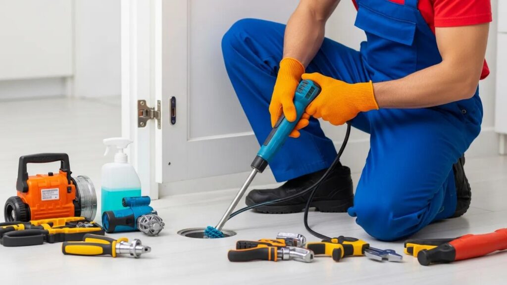 Plumber using a drain cleaning tool to clear a clogged drain, emphasizing the importance of regular maintenance