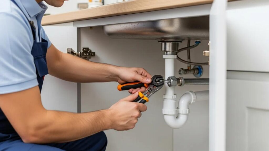 Professional plumber fixing a pipe under a kitchen sink, showcasing plumbing expertise and reliability