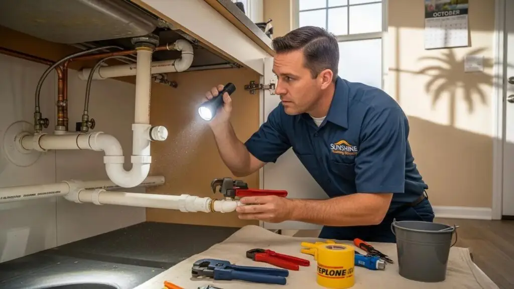 Professional plumber inspecting residential plumbing system in Central Florida