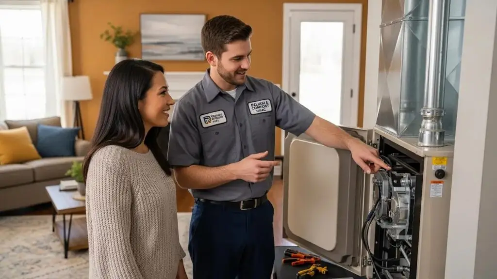 Satisfied customer engaging with an HVAC technician in a cozy living room