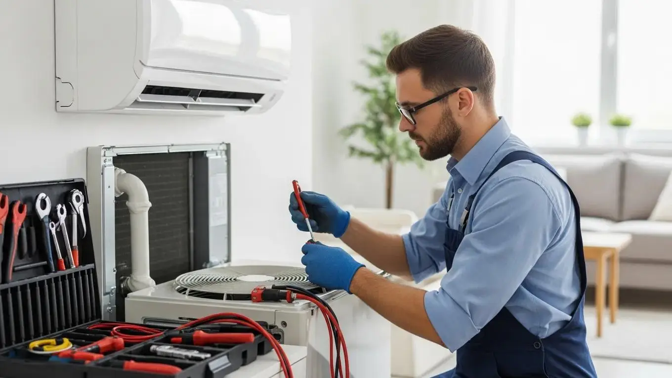 HVAC technician repairing an air conditioning unit in a residential home, showcasing expertise and reliability